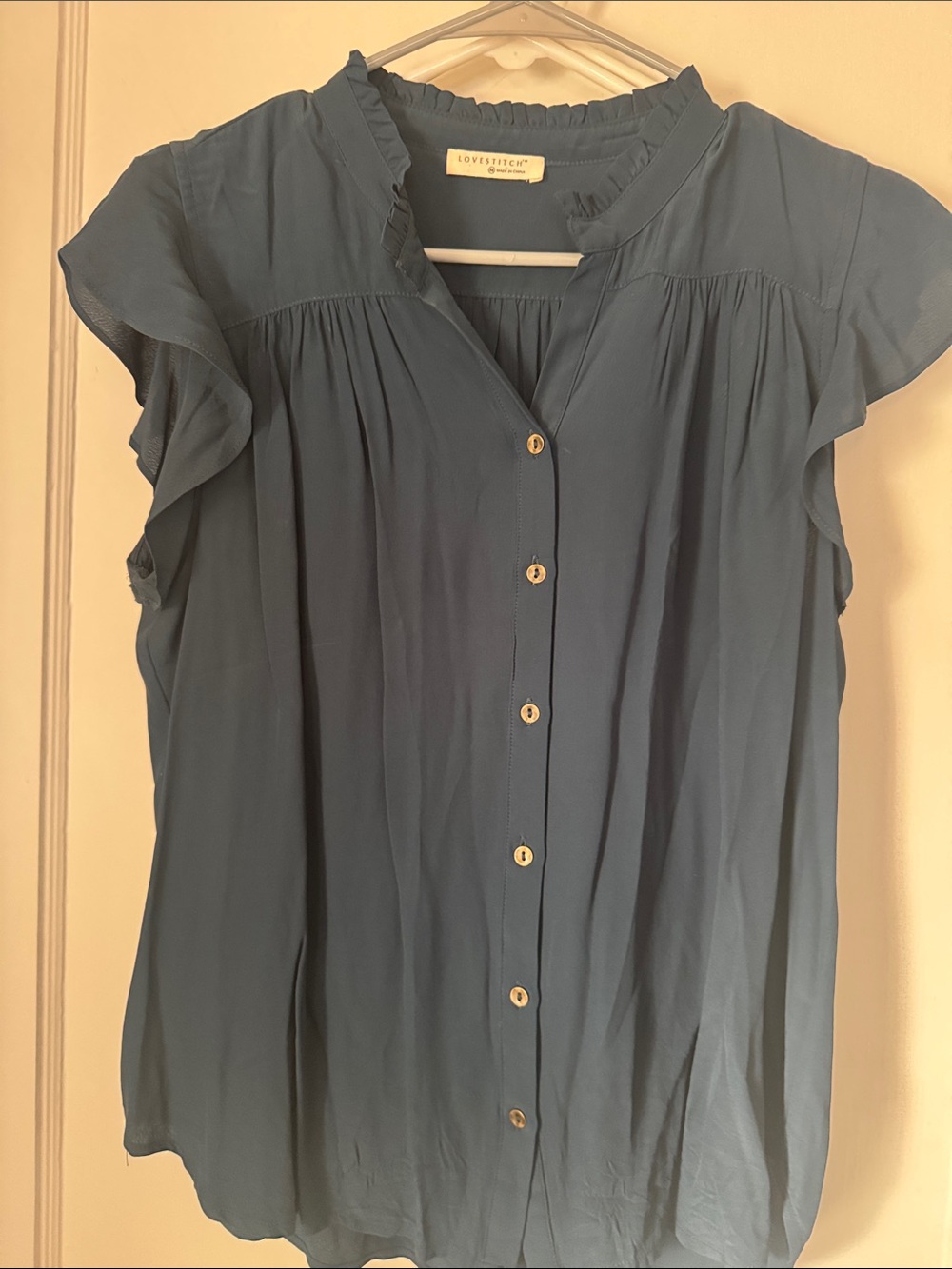 lovestitch Dusty Blue Button-Front Ruffle Cap Sleeve Top